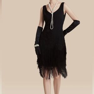 Embroidery Retro Midi Flapper Dress - Black
